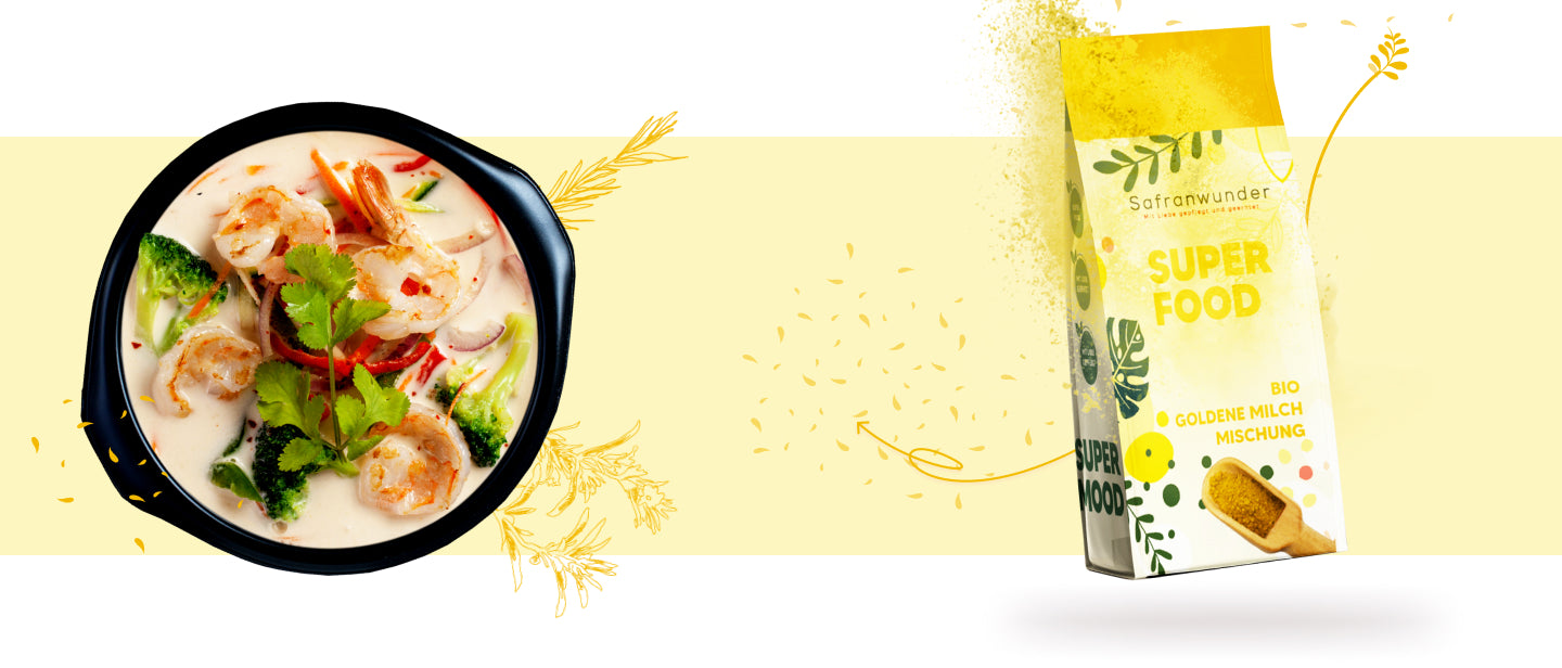 Safranwunder Bio Goldene Milch Mischung in Verbindung mit einem Thai Curry Shrimp Gericht