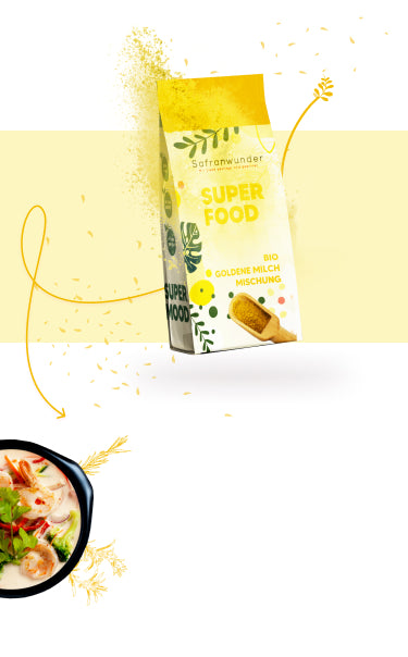Safranwunder Bio Goldene Milch Mischung in Verbindung mit einem Thai Curry Shrimp Gericht