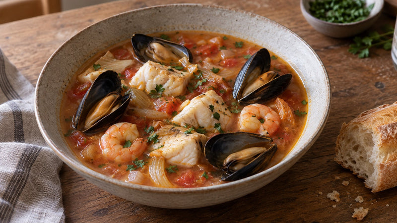 Hausgemachte Bouillabaisse mit weißem Fisch, Miesmuscheln, Garnelen und Fenchel