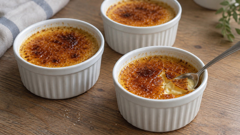 Hausgemachte Crème brûlée mit Safran und dünner Karamellkruste in weißen Förmchen