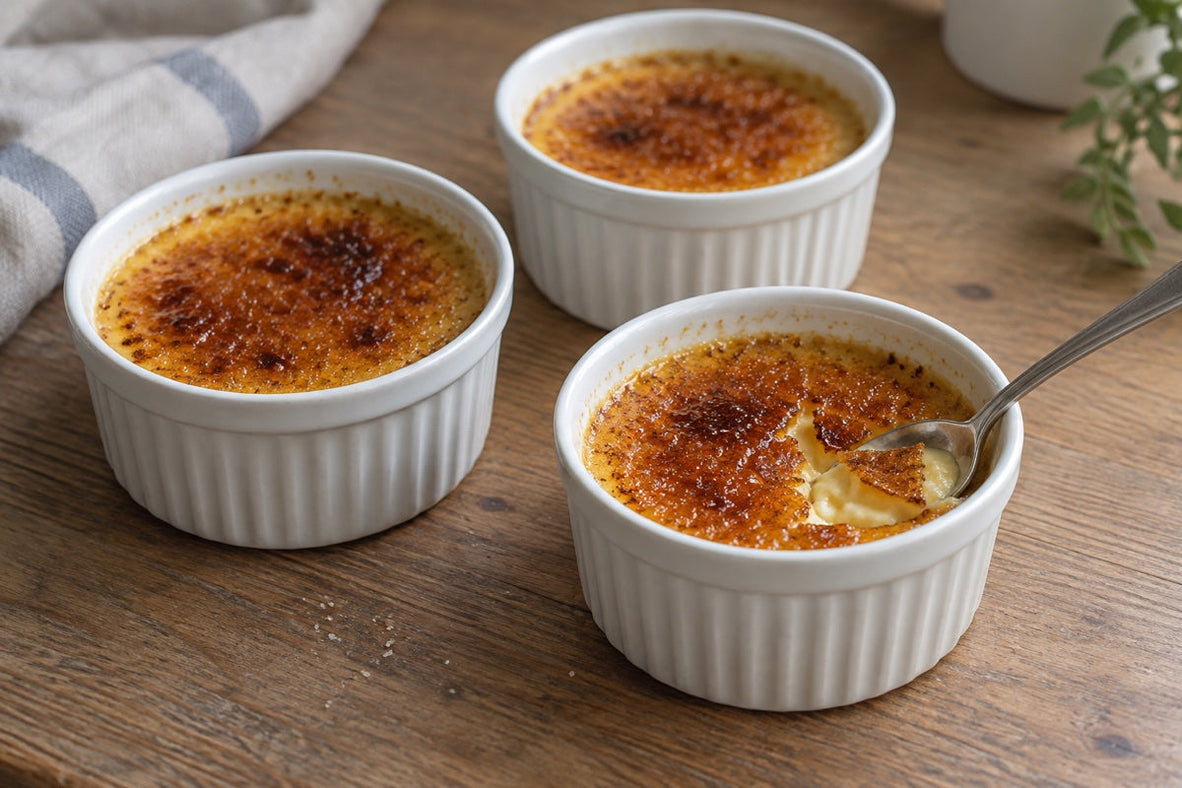 Hausgemachte Crème brûlée mit Safran und dünner Karamellkruste in weißen Förmchen
