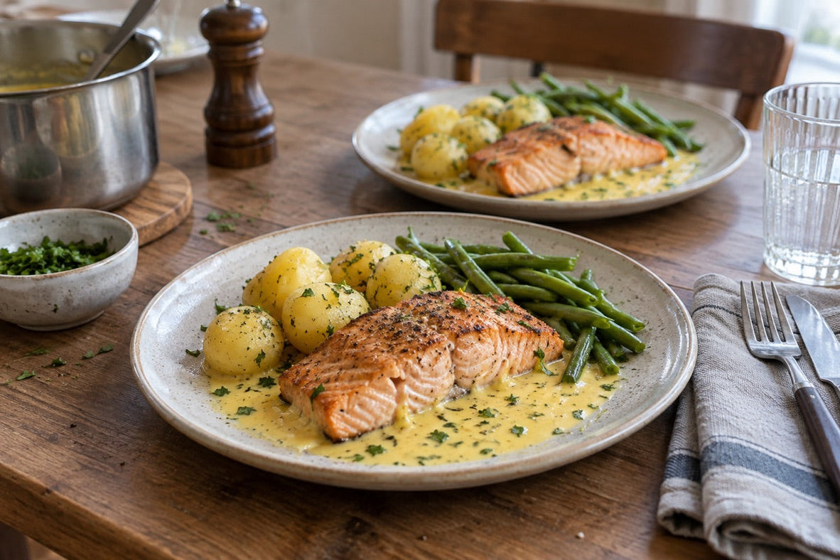 Lachsfilet mit cremiger Safransauce, Kartoffeln und grünen Bohnen