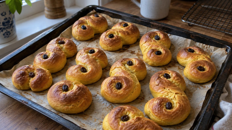 Selbst gebackene Lussekatter mit Rosinen auf einem gebrauchten Backblech