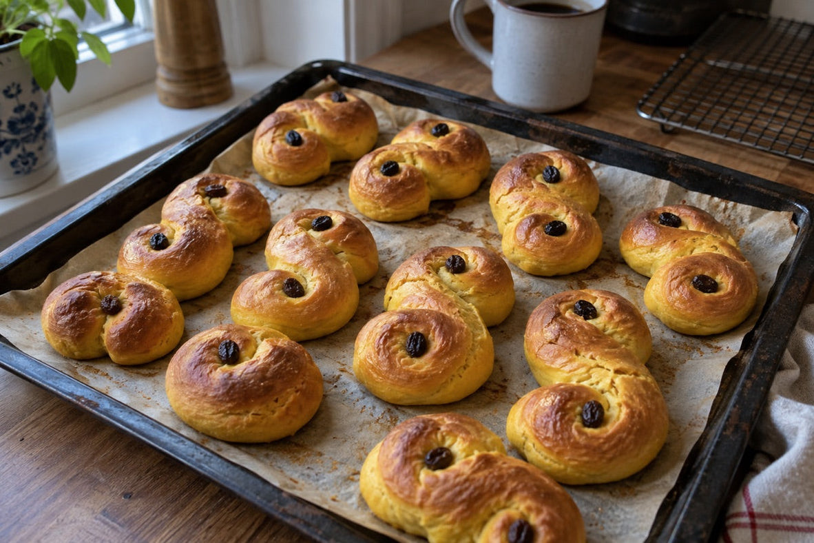 Selbst gebackene Lussekatter mit Rosinen auf einem gebrauchten Backblech