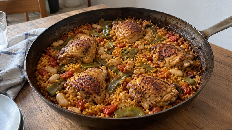 Selbst gekochte Paella mit Safran, Hähnchen und Bohnen in einer gebrauchten Pfanne