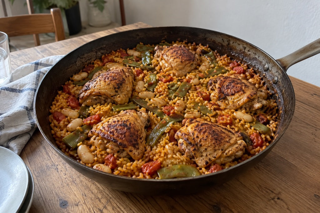 Selbst gekochte Paella mit Safran, Hähnchen und Bohnen in einer gebrauchten Pfanne
