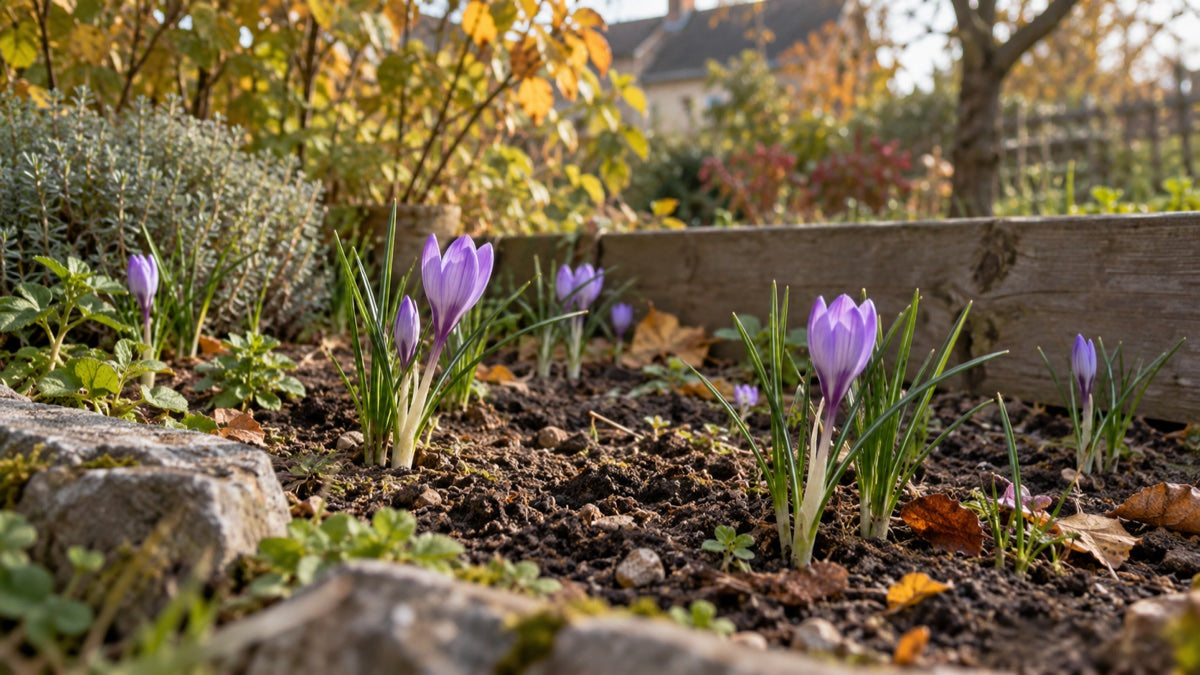 Herbstblühende Krokusse in einem sonnigen Hochbeet