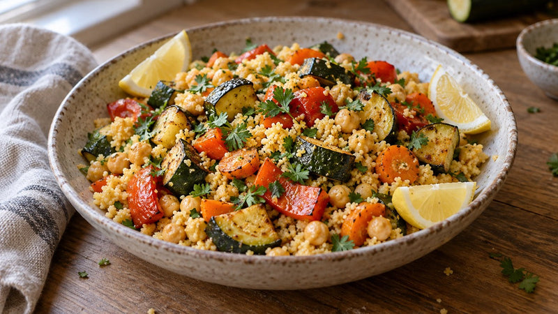 Safran-Couscous mit Kichererbsen und gebratenem Gemüse in einer Keramikschale