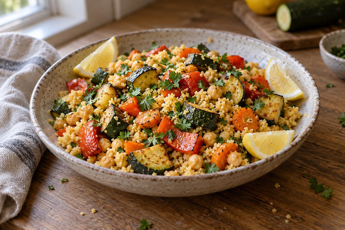 Safran-Couscous mit Kichererbsen und gebratenem Gemüse in einer Keramikschale