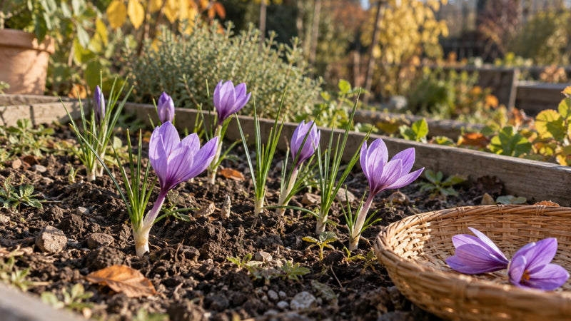 Herbstblühende Safrankrokusse im Hochbeet neben einem kleinen Korb mit Blüten