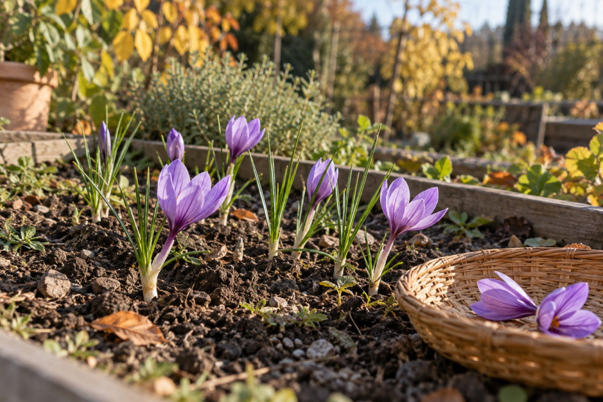 Herbstblühende Safrankrokusse im Hochbeet neben einem kleinen Korb mit Blüten