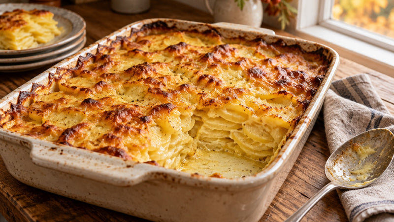 Hausgemachtes Safran-Kartoffelgratin in einer Keramikform mit cremigen Kartoffelschichten