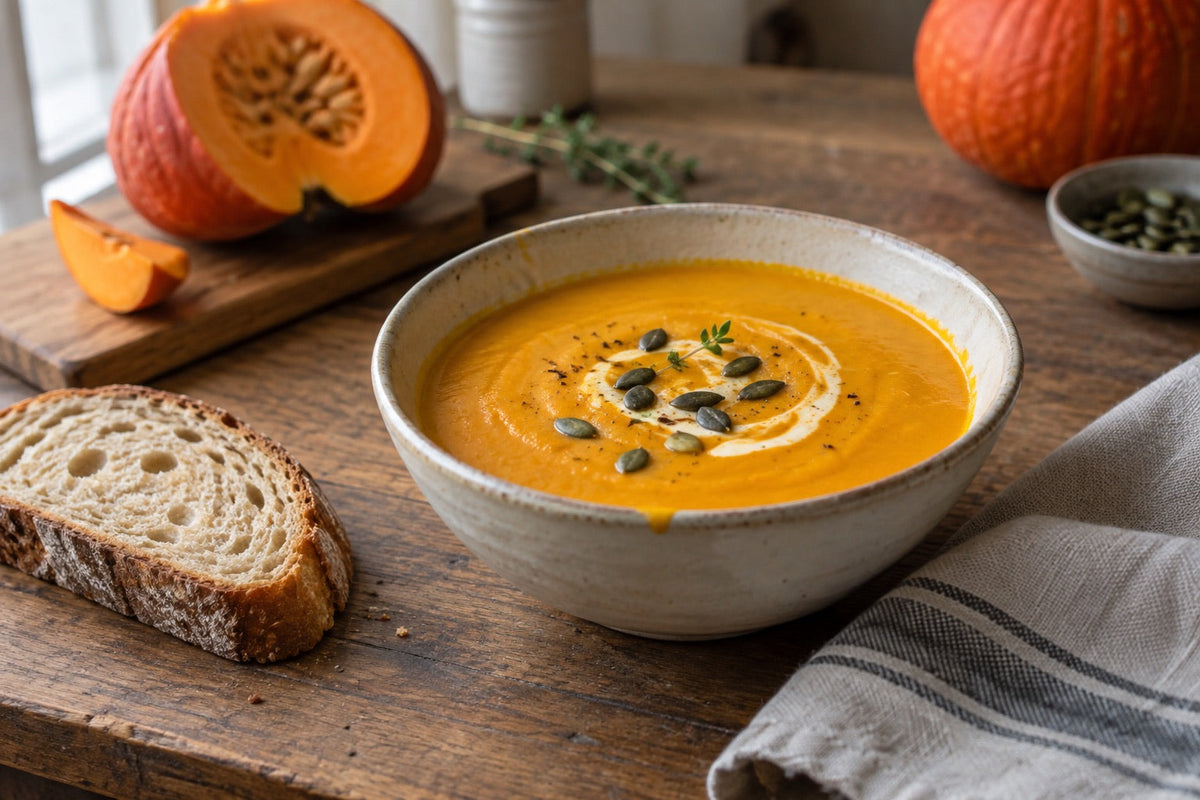 Hausgemachte Safran-Kürbissuppe mit Hokkaido, Sahne und gerösteten Kürbiskernen