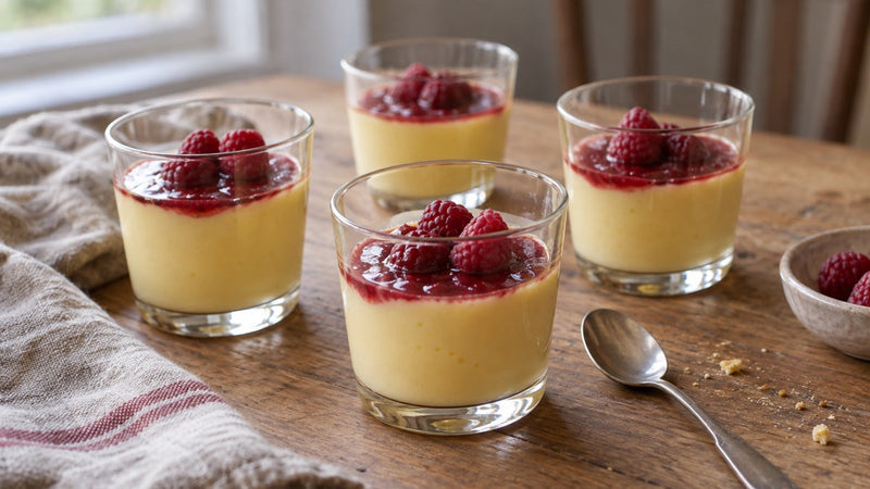 Safran-Panna-Cotta mit Himbeersauce in kleinen Gläsern
