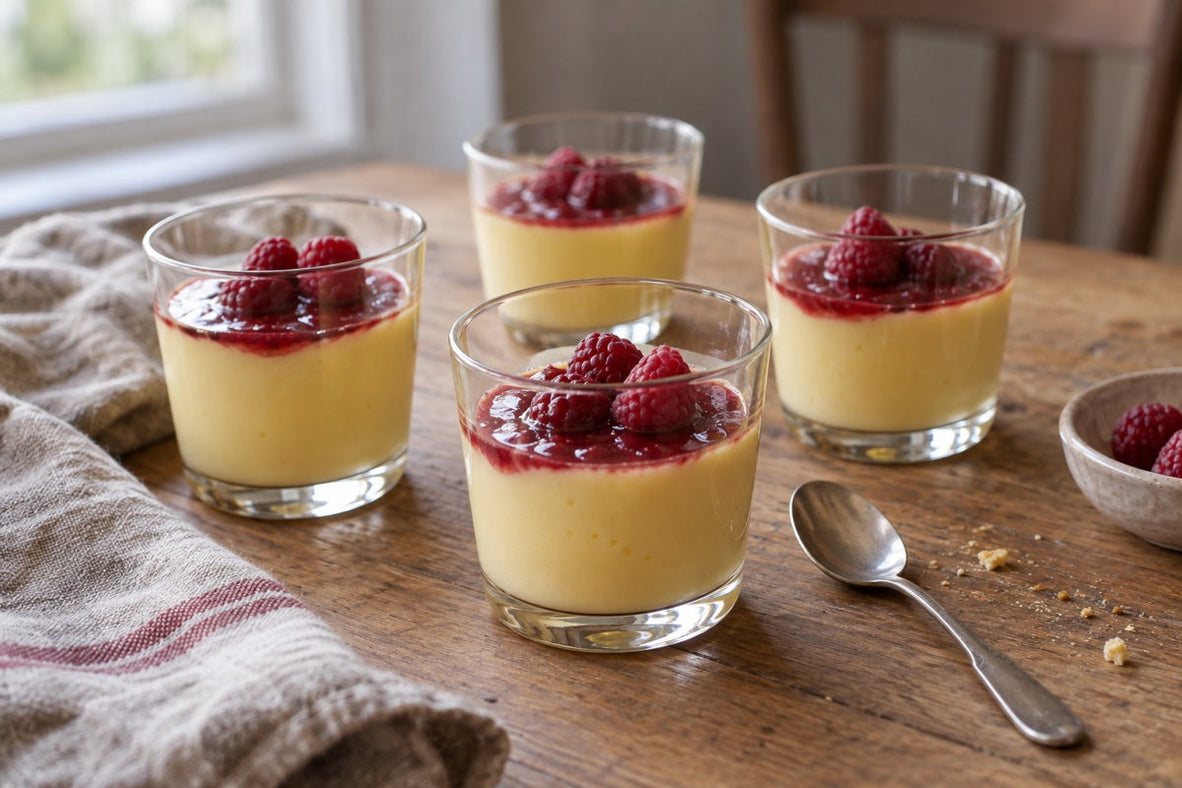 Safran-Panna-Cotta mit Himbeersauce in kleinen Gläsern