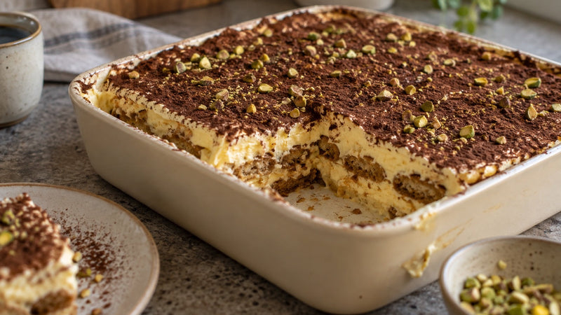 Hausgemachtes Safran-Tiramisu mit Kakao und Pistazien in einer Keramikform
