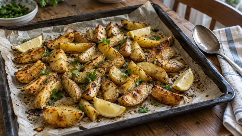 Knusprige Safrankartoffeln mit Zitrone und Petersilie auf einem Backblech