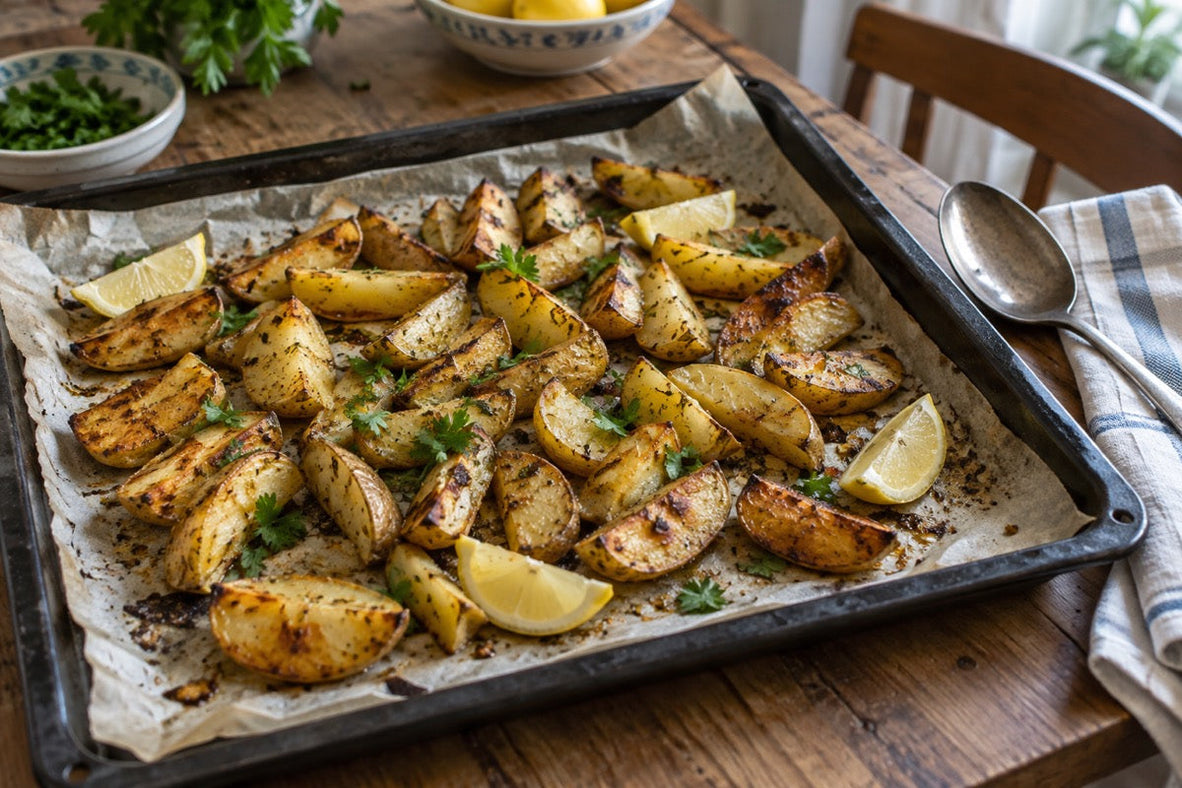 Knusprige Safrankartoffeln mit Zitrone und Petersilie auf einem Backblech