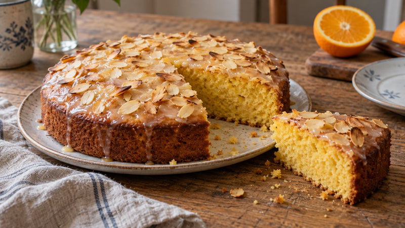 Hausgemachter Safrankuchen mit Orange, Mandeln und dünner Glasur