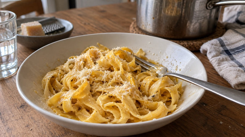 Selbst gemachte goldgelbe Safrannudeln mit Butter und Hartkäse