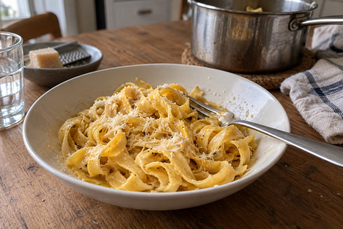 Selbst gemachte goldgelbe Safrannudeln mit Butter und Hartkäse