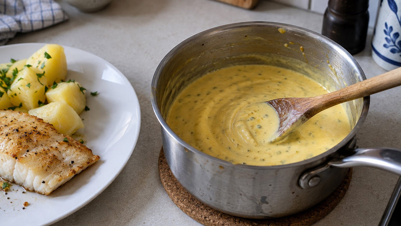 Selbst gekochte Safransauce im Topf mit Fisch und Kartoffeln