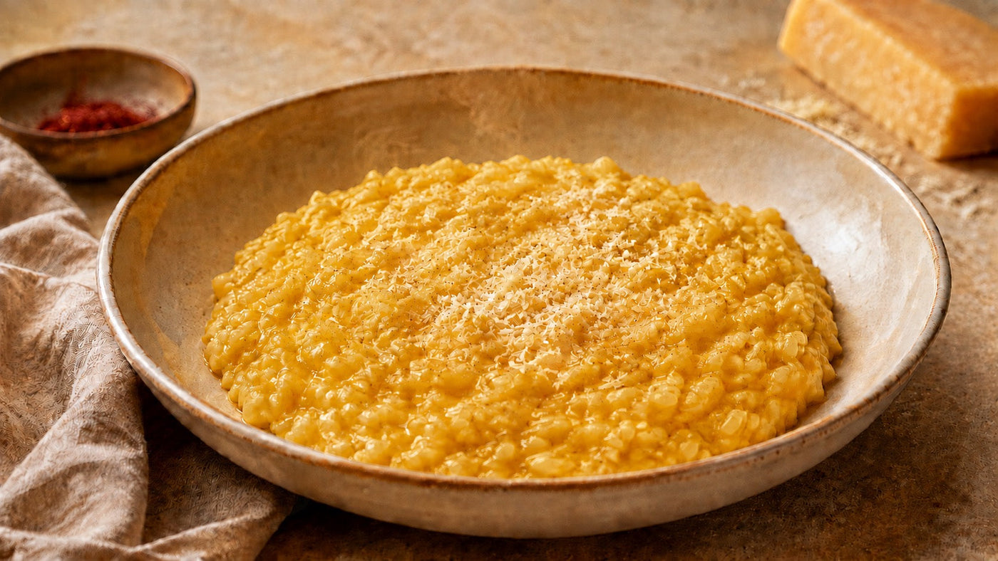 Cremiges goldgelbes Safran-Risotto mit Parmesan in einer Keramikschale