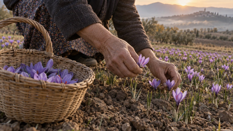 Safranblüten werden am frühen Morgen von Hand geerntet