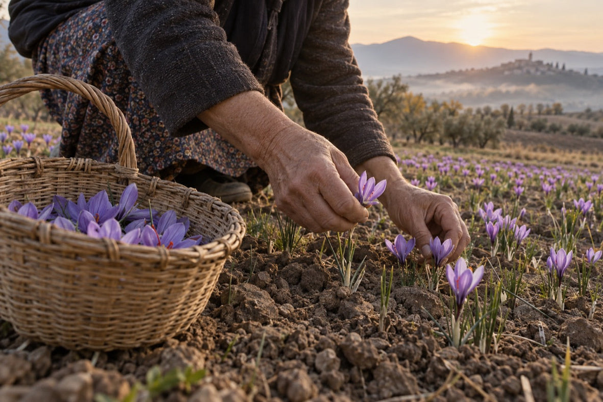 Safranblüten werden am frühen Morgen von Hand geerntet
