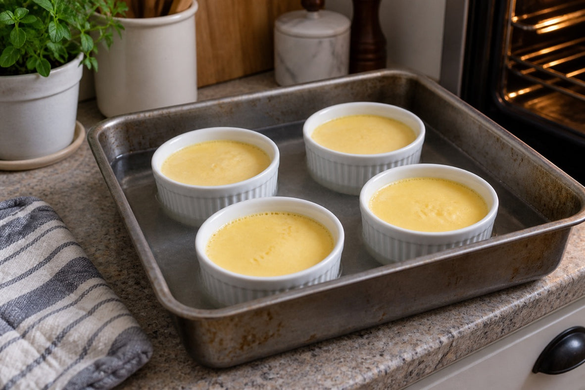Förmchen mit Safrancreme im Wasserbad vor dem Backen