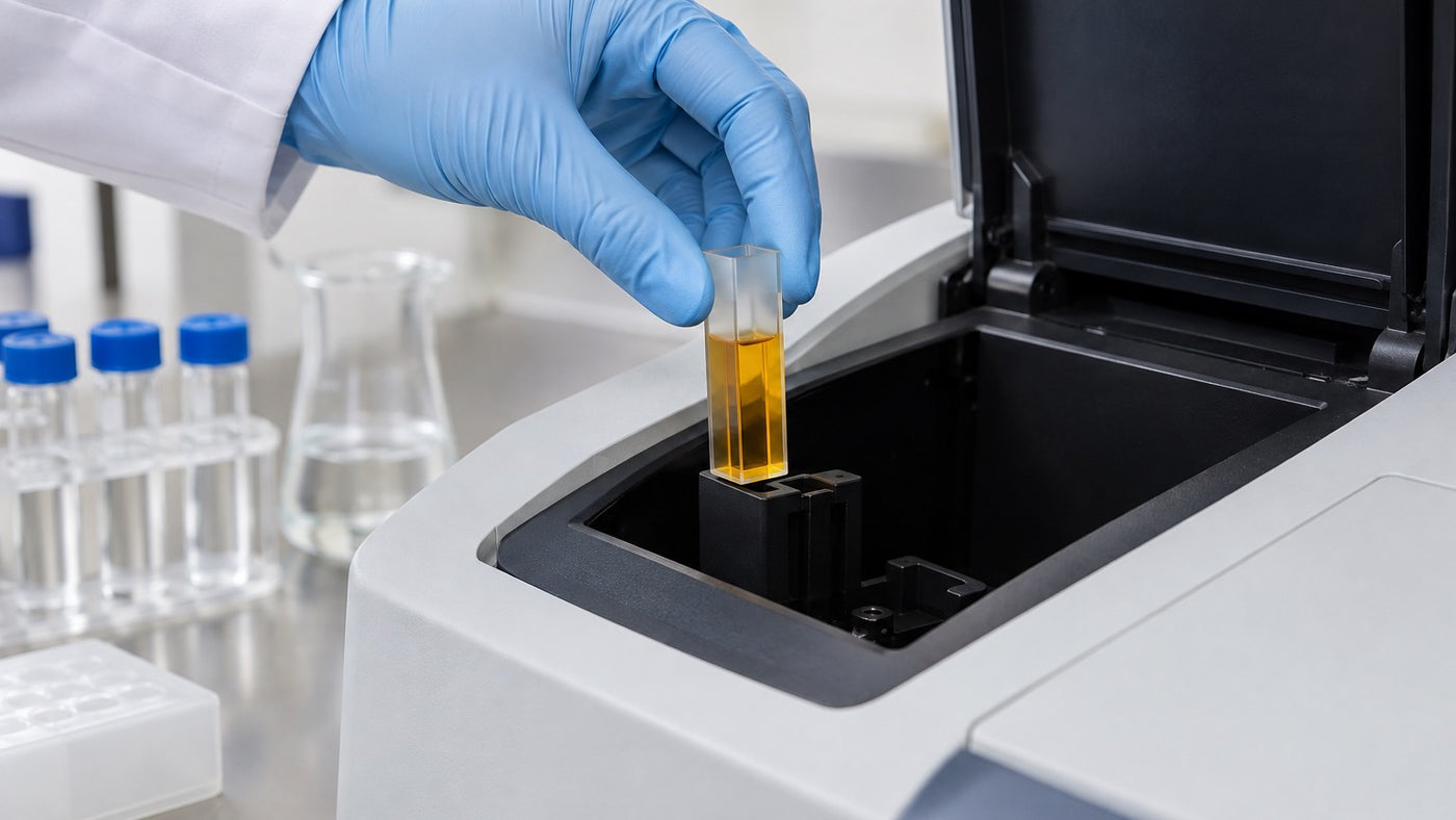 Eine goldene Safranprobe wird im Spektralphotometer untersucht