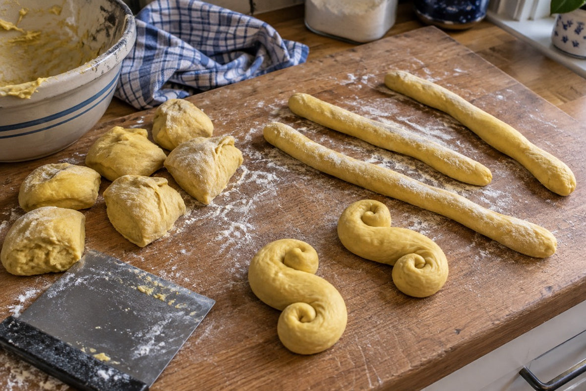 Safranteig für Lussekatter beim Formen auf einem bemehlten Holzbrett