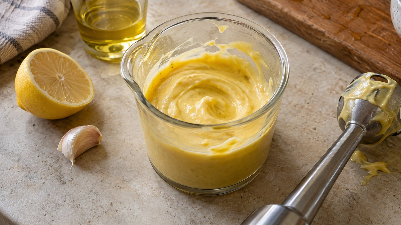 Cremige Safran-Aioli im Mixbecher neben Stabmixer, Zitrone und Knoblauch