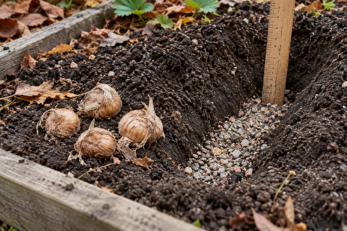 Krokusknollen neben einer vorbereiteten Pflanzrinne mit durchlässigem Boden
