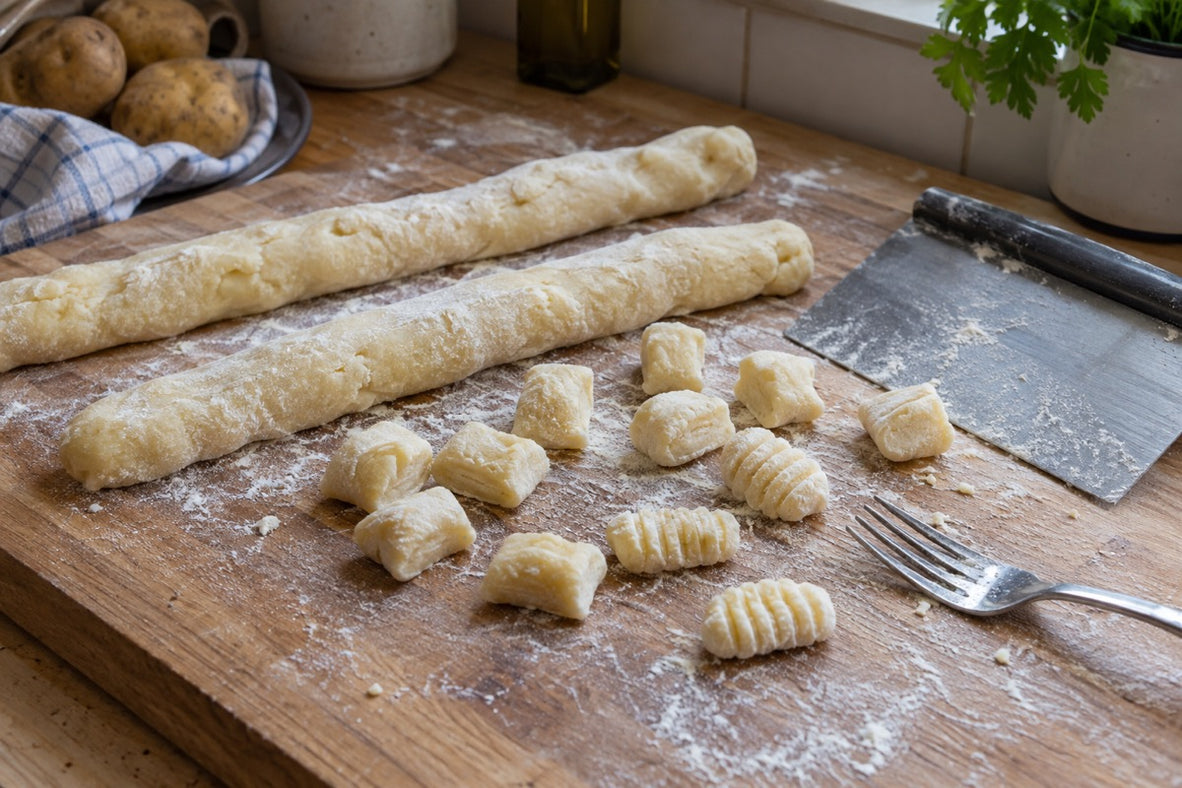 Kartoffelteigrollen und handgeformte Gnocchi auf einem bemehlten Holzbrett