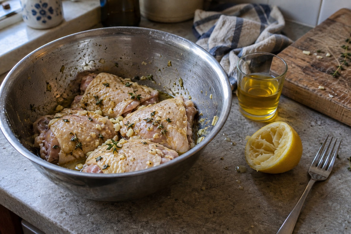 Hähnchenteile in Safran-Zitronen-Marinade in einer heimischen Küche