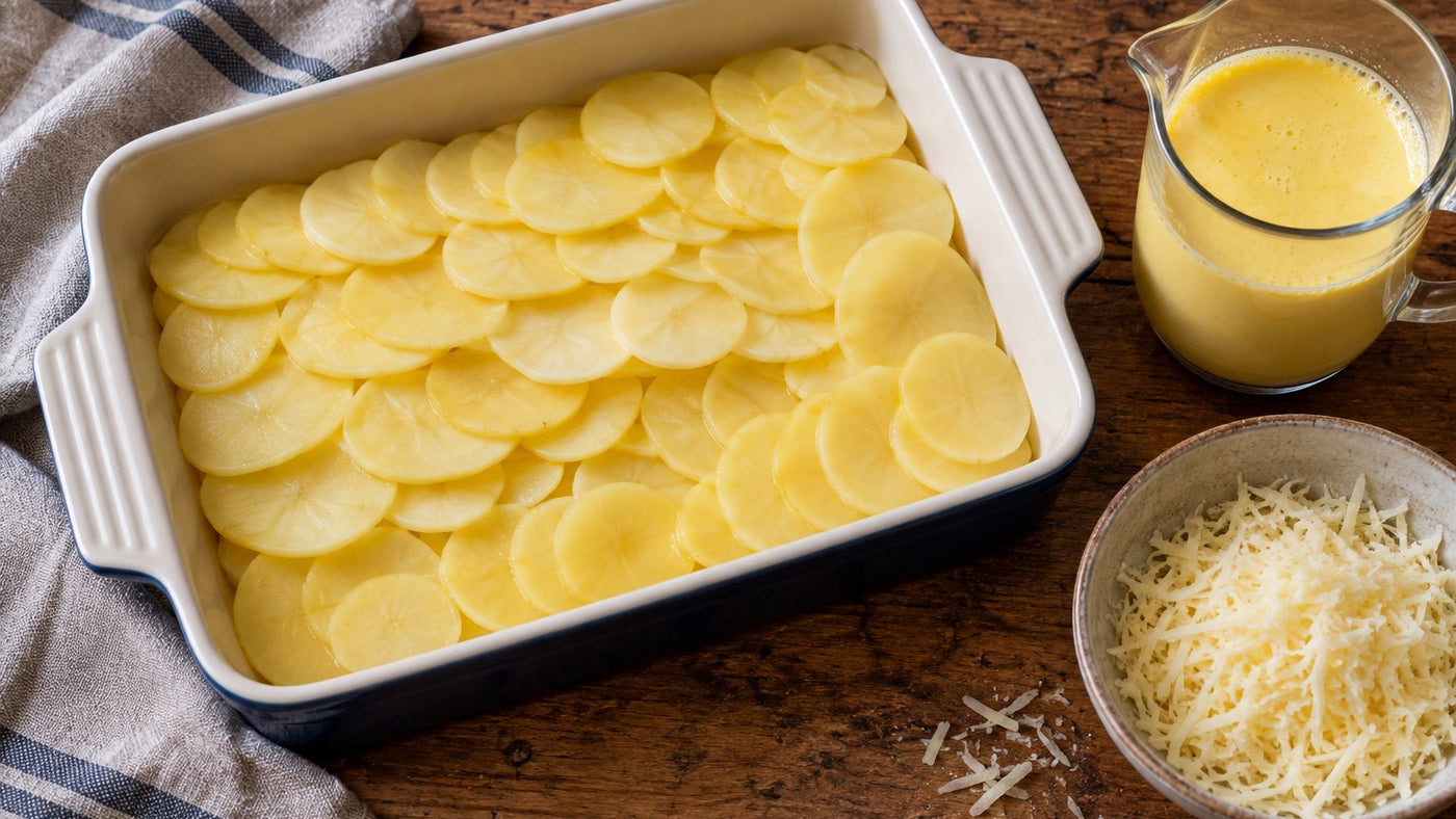Geschichtete Kartoffelscheiben vor dem Backen neben Safransahne und geriebenem Käse