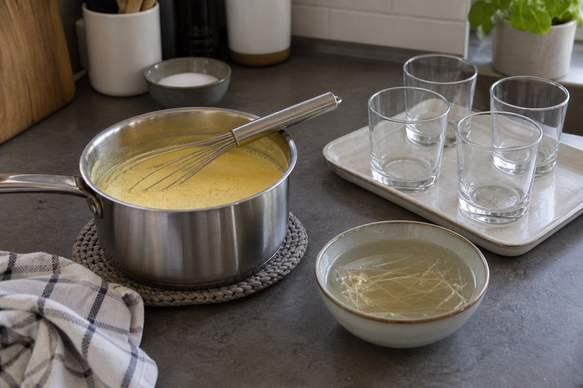 Safran-Sahne, eingeweichte Gelatine und Dessertgläser bei der Zubereitung