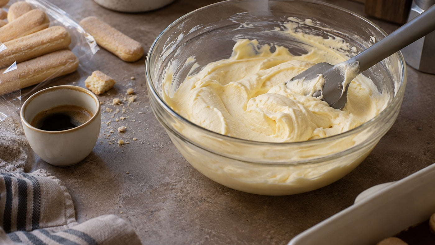 Safran-Mascarpone-Creme mit Löffelbiskuits und Espresso bei der Zubereitung