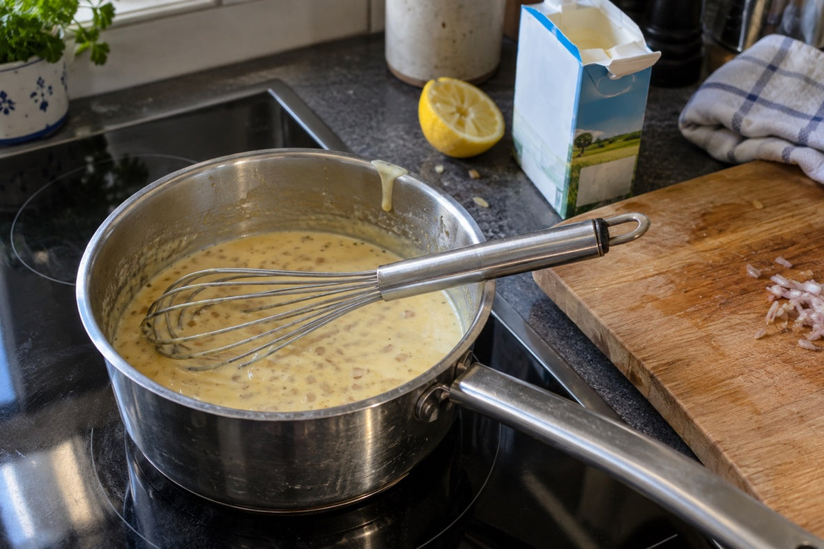 Cremige Safransauce mit Schalotten und Schneebesen auf dem Herd