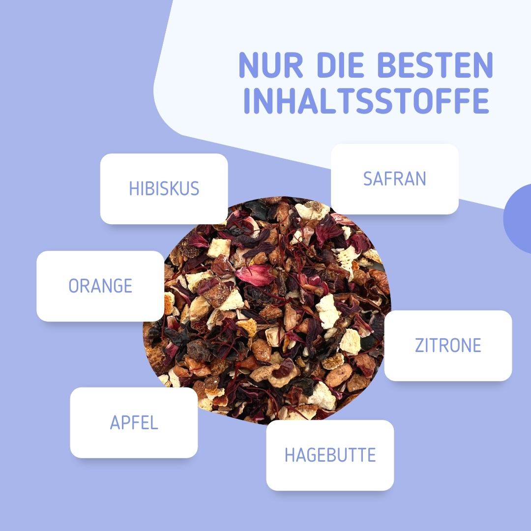 Ayurvedischer Früchtetee Safranwunder Balance mit den Inhaltsstoffen: Hibiskusblüte, Orangenschale, Apfelschale, Hagebutte, Zitronenschale und Safran