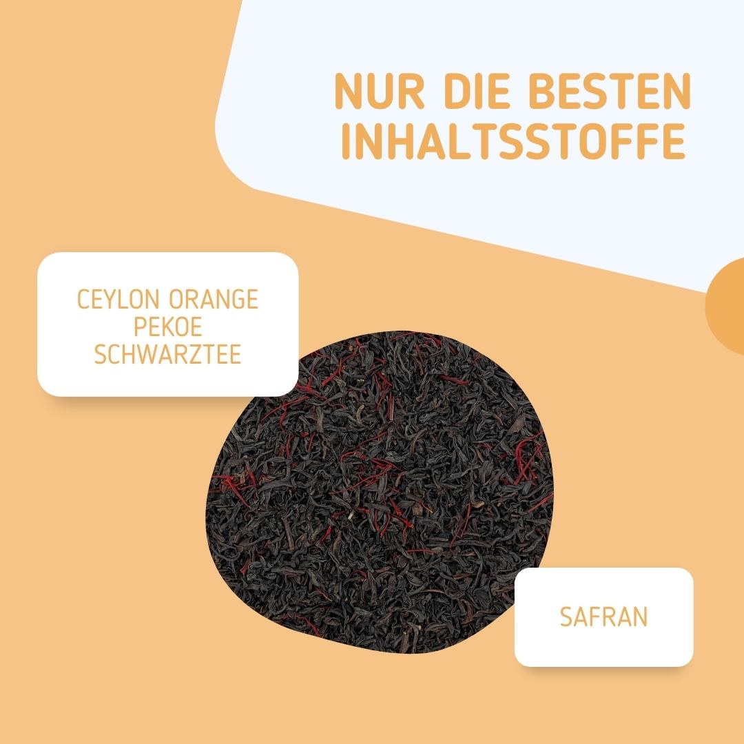   Ayurvedischer Tee Safranwunder Energy Inhaltsstoffe: Caylon Orange Schwarztee und Safran